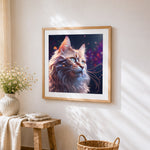 Fantasy longhaired cat cross stitch artwork displayed on wall as home decor
