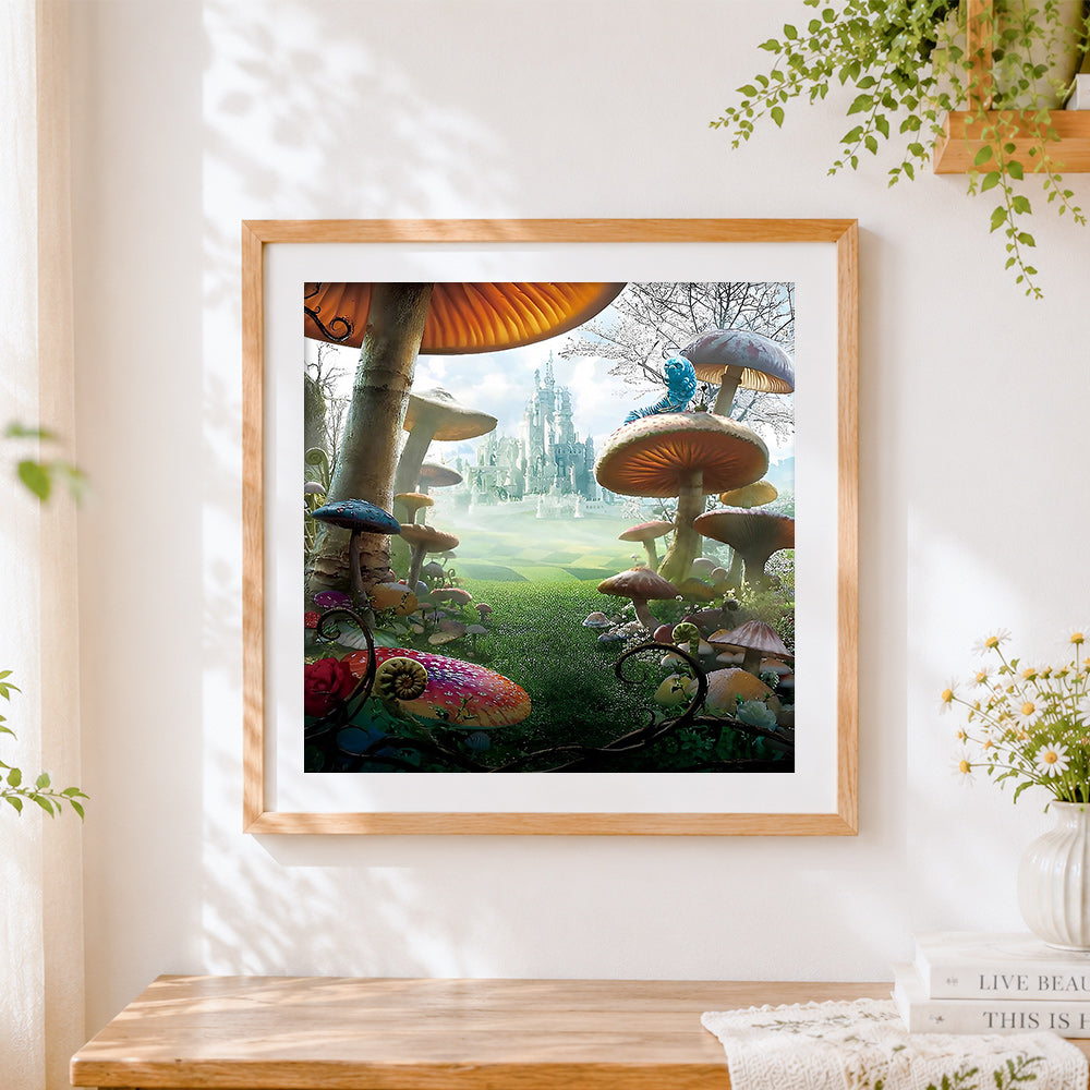 Finished fantasy mushroom castle cross stitch artwork displayed