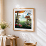 Fantasy mushroom castle cross stitch artwork displayed on wall as home decor