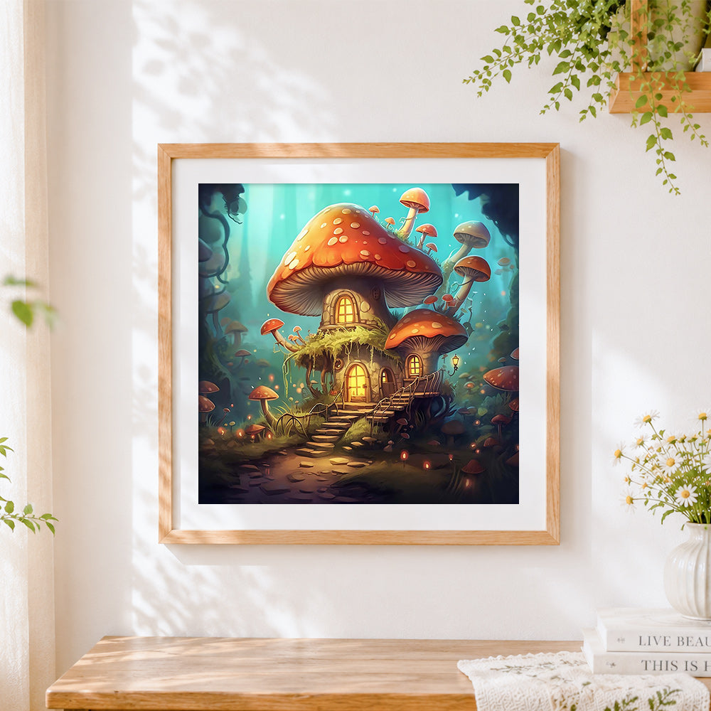 Finished fantasy mushroom house cross stitch artwork displayed