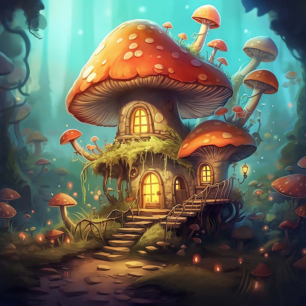 Fantasy mushroom house cross stitch kit for beginners