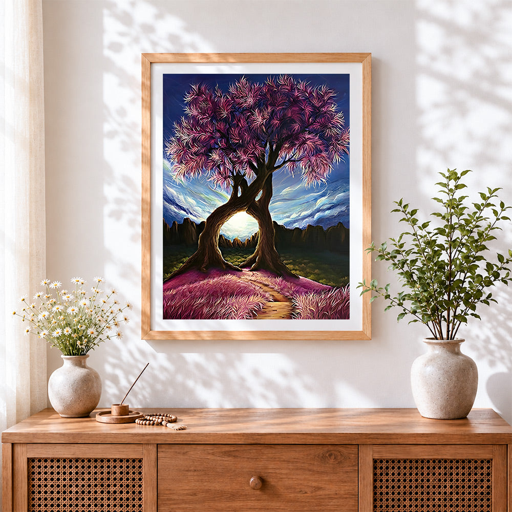 Finished fantasy purple tree at sunset cross stitch artwork displayed