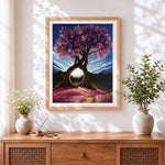 Finished fantasy purple tree at sunset cross stitch artwork displayed