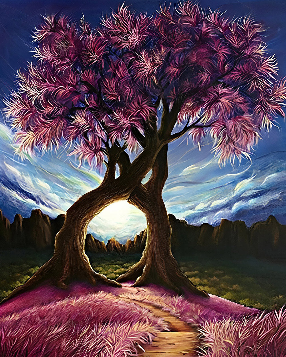 Fantasy purple tree at sunset cross stitch kit for beginners
