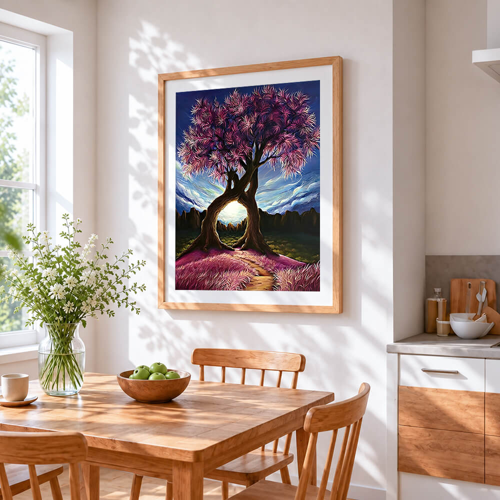 Fantasy purple tree at sunset cross stitch artwork displayed on wall as home decor