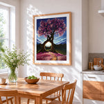 Fantasy purple tree at sunset cross stitch artwork displayed on wall as home decor