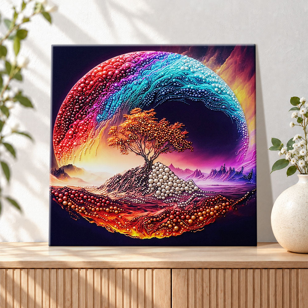Finished fantasy tree on colourful planet pearl diamond painting artwork displayed as holiday home decor