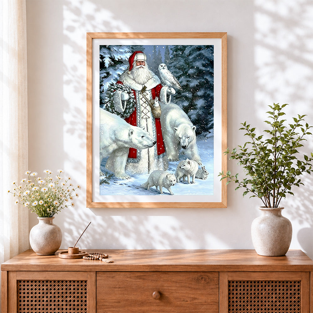 Finished fantasy woodland santa with arctic animals cross stitch artwork displayed