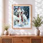 Finished fantasy woodland santa with arctic animals cross stitch artwork displayed