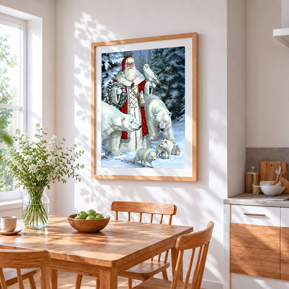 Fantasy woodland santa with arctic animals cross stitch artwork displayed on wall as home decor