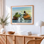 Fantasy world emerging from a book cross stitch artwork displayed on wall as home decor