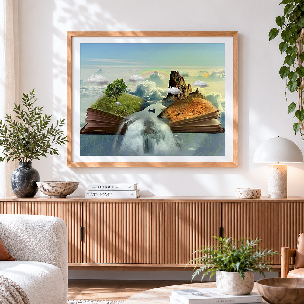 Finished fantasy world emerging from a book paint by numbers artwork displayed as home decor