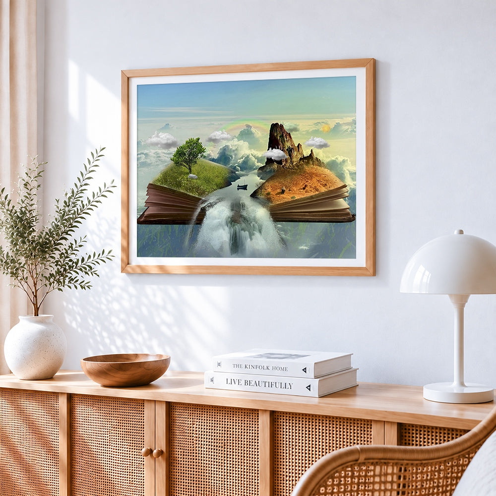 Fantasy world emerging from a book paint by numbers artwork displayed on wall as home decor