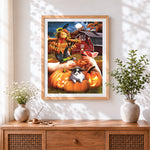 Finished farm animals halloween party cross stitch artwork displayed