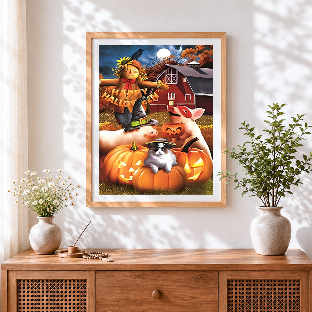 Finished farm animals halloween party cross stitch artwork displayed