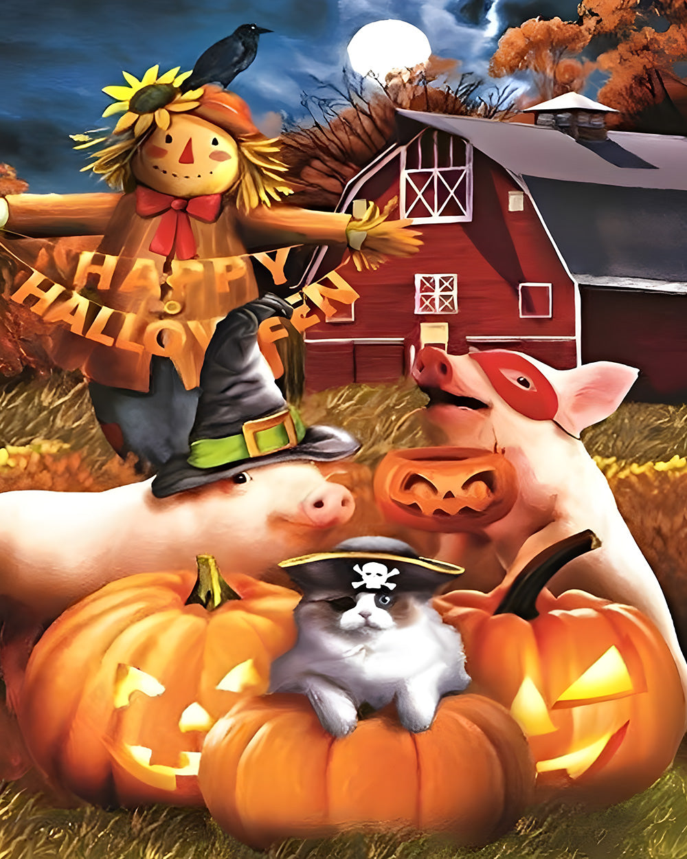 Farm animals halloween party cross stitch kit for beginners