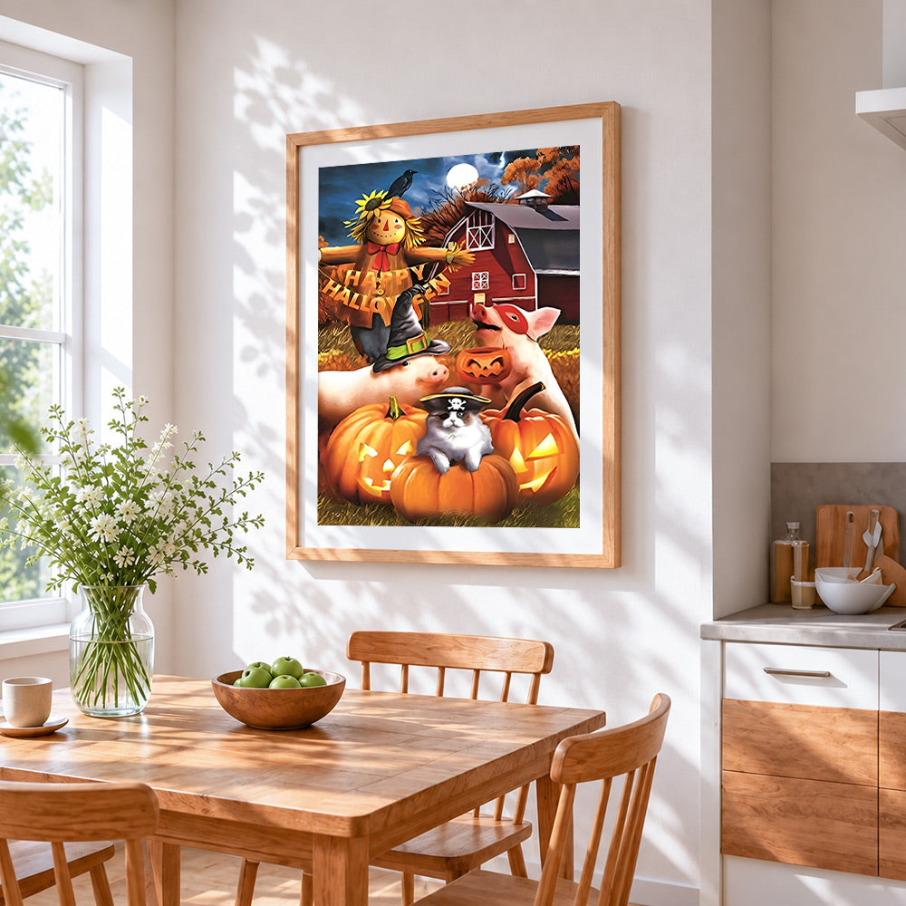 Farm animals halloween party cross stitch artwork displayed on wall as home decor