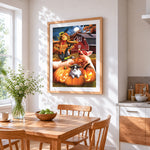 Farm animals halloween party cross stitch artwork displayed on wall as home decor