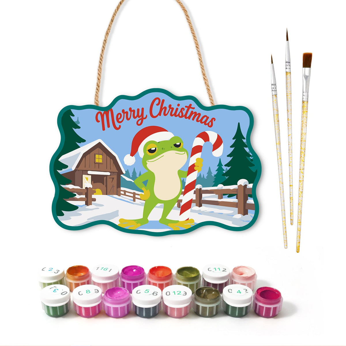 Farmhouse frog holiday paint by numbers door hanger with paints and brushes