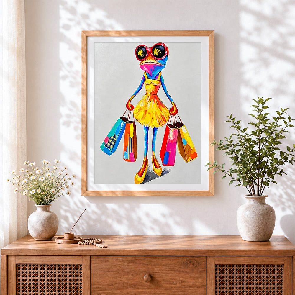 Finished fashionable frog with shopping bags cross stitch artwork displayed