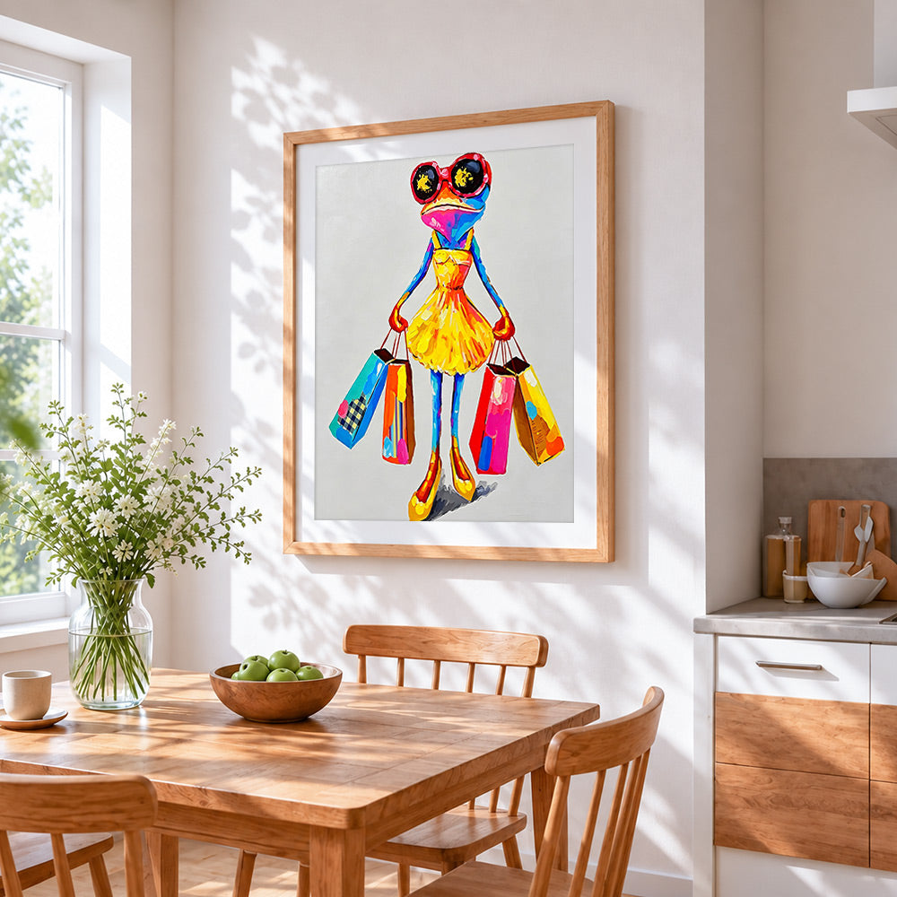 Fashionable frog with shopping bags paint by numbers artwork displayed on wall as home decor