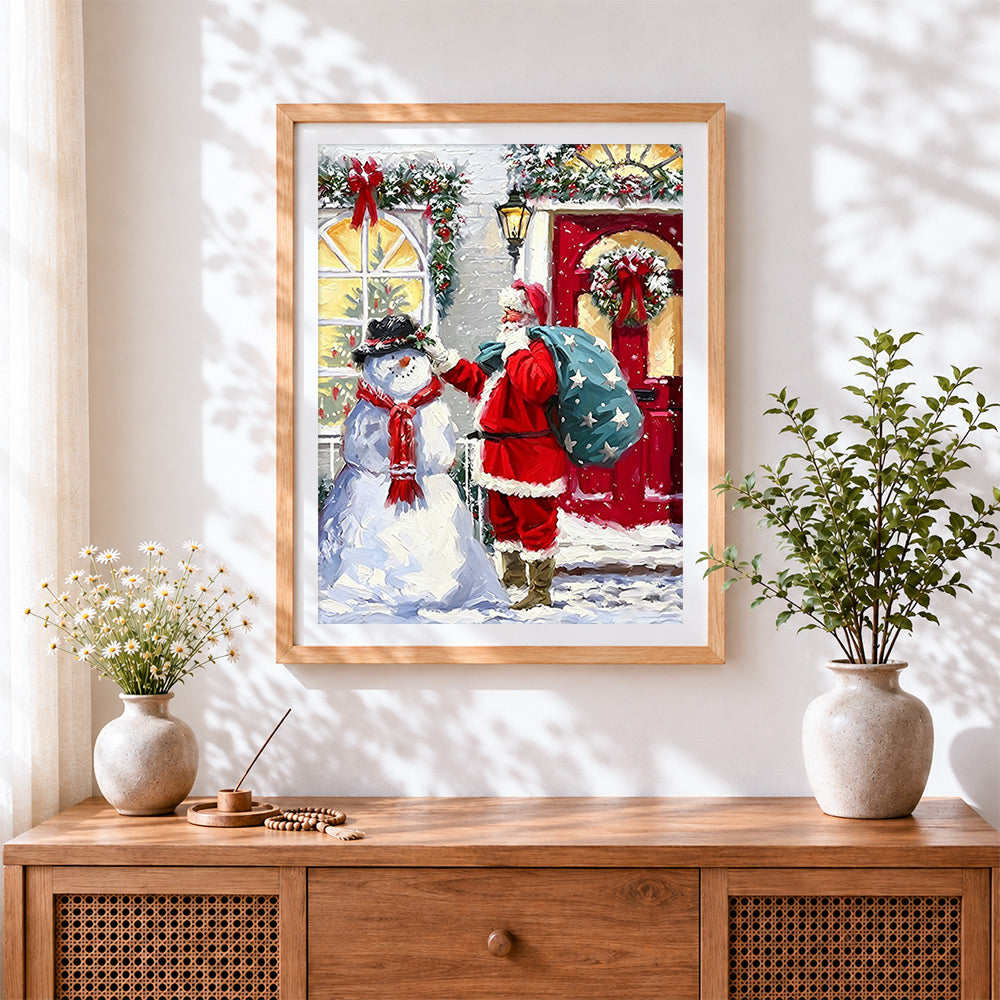Finished father christmas adjusting a snowman's hat cross stitch artwork displayed