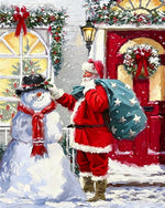 Father christmas adjusting a snowman's hat cross stitch kit for beginners
