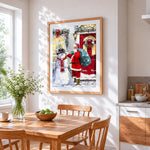 Father christmas adjusting a snowman's hat cross stitch artwork displayed on wall as home decor