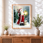 Finished father christmas and arctic fox cross stitch artwork displayed