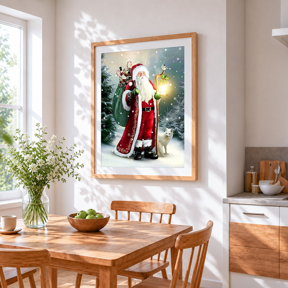 Father christmas and arctic fox cross stitch artwork displayed on wall as home decor