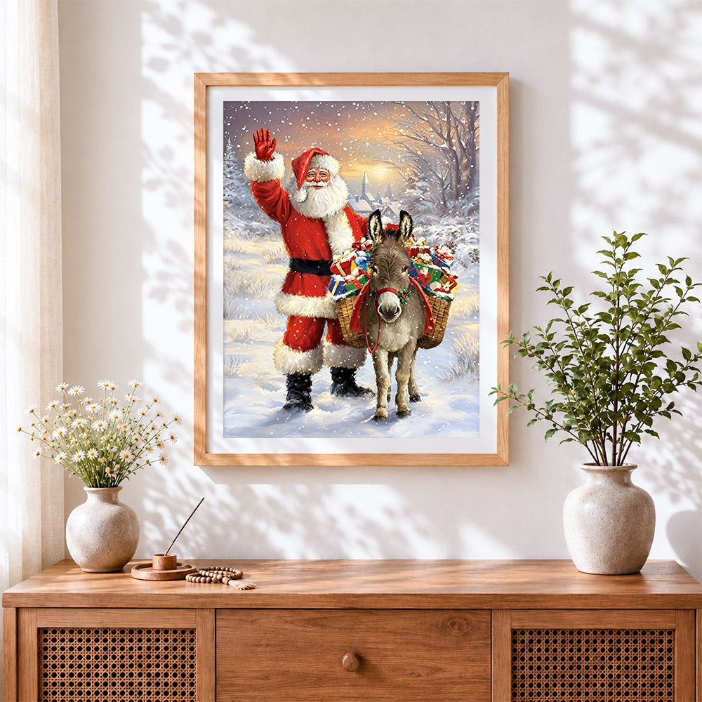 Finished father christmas and donkey with gifts cross stitch artwork displayed