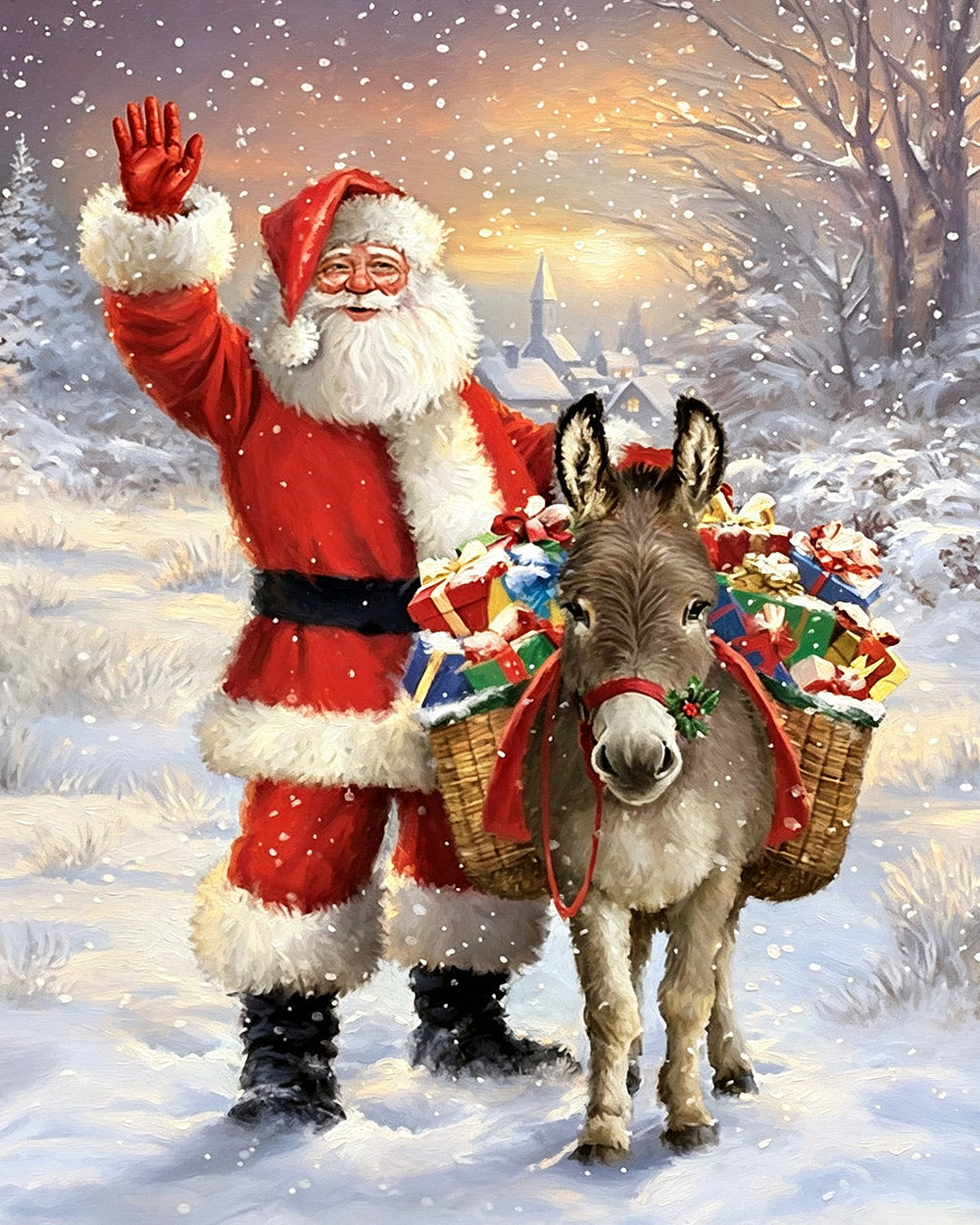 Father christmas and donkey with gifts cross stitch kit for beginners
