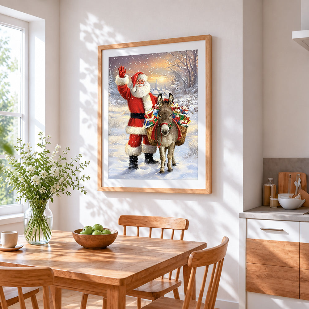 Father christmas and donkey with gifts cross stitch artwork displayed on wall as home decor