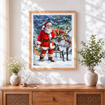 Finished father christmas and reindeer in the snow cross stitch artwork displayed