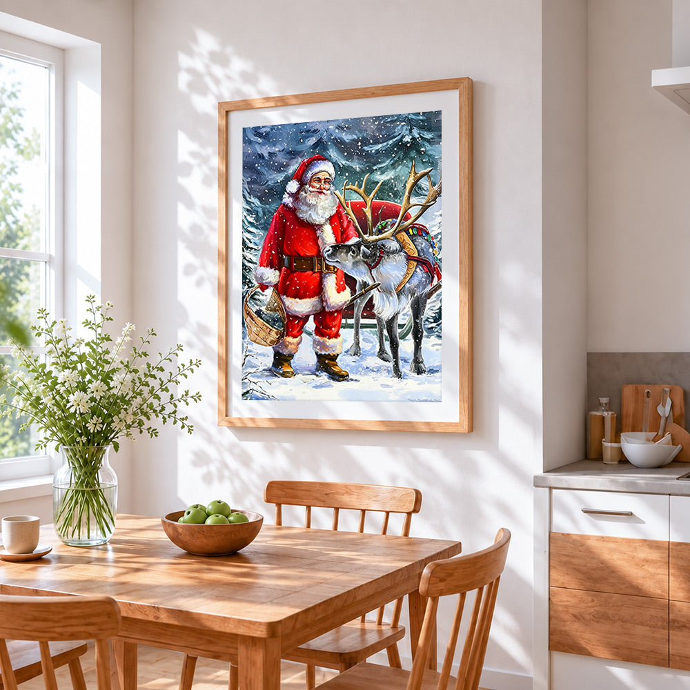 Father christmas and reindeer in the snow cross stitch artwork displayed on wall as home decor