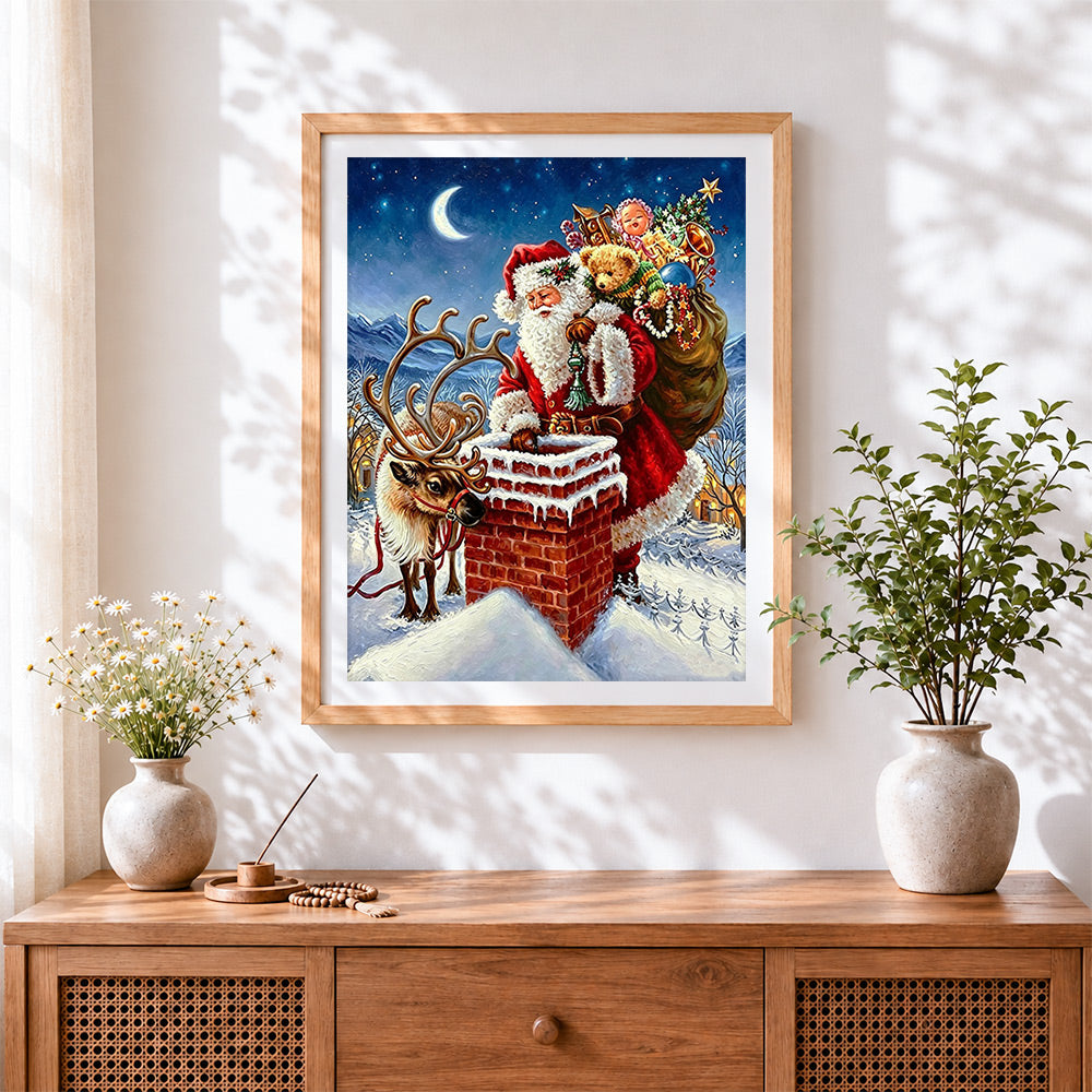 Finished father christmas and reindeer on a snowy chimney cross stitch artwork displayed