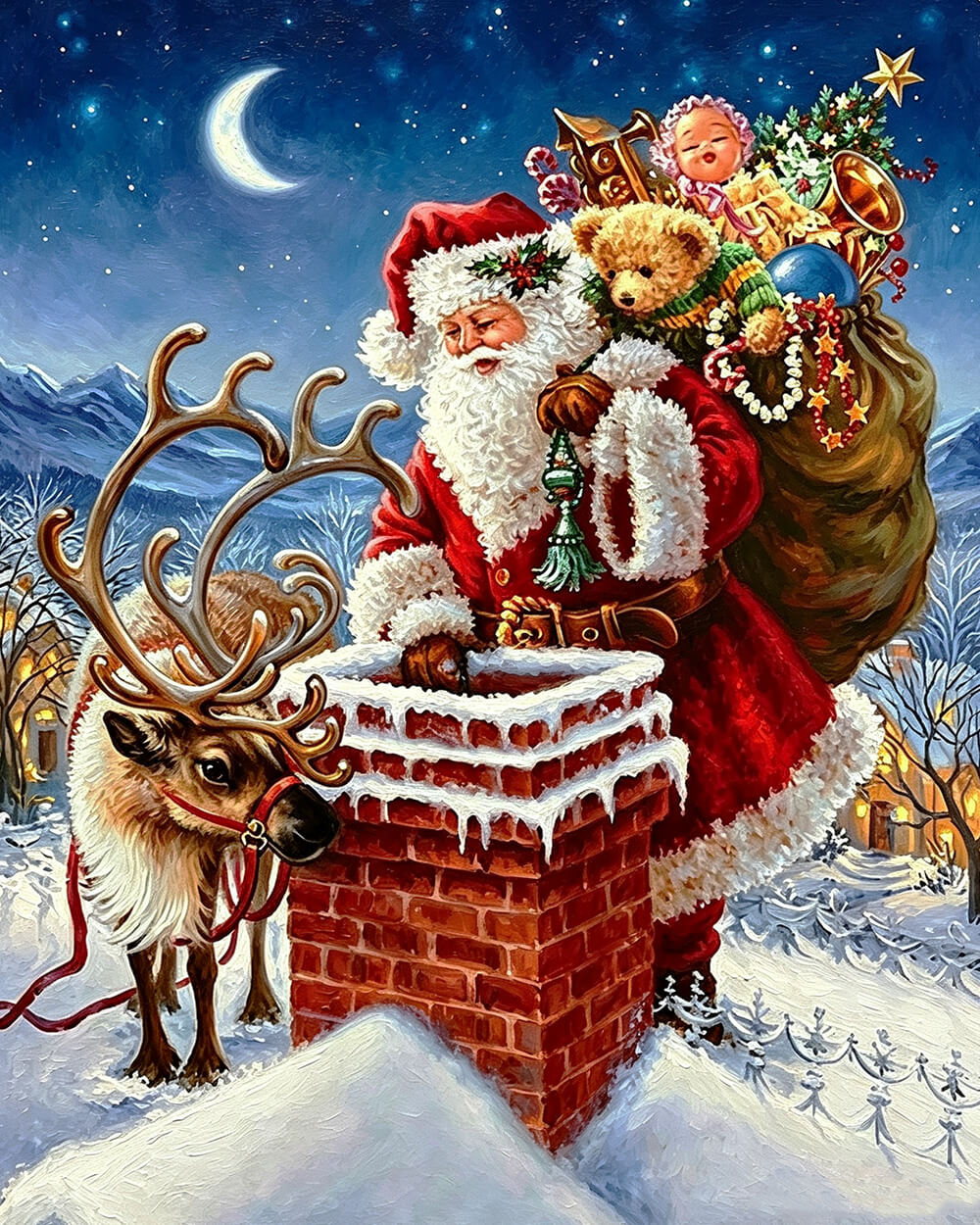 Father christmas and reindeer on a snowy chimney cross stitch kit for beginners