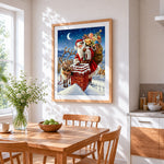 Father christmas and reindeer on a snowy chimney cross stitch artwork displayed on wall as home decor