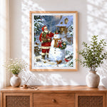 Finished father christmas and snowman cross stitch artwork displayed