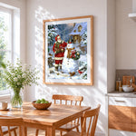 Father christmas and snowman cross stitch artwork displayed on wall as home decor