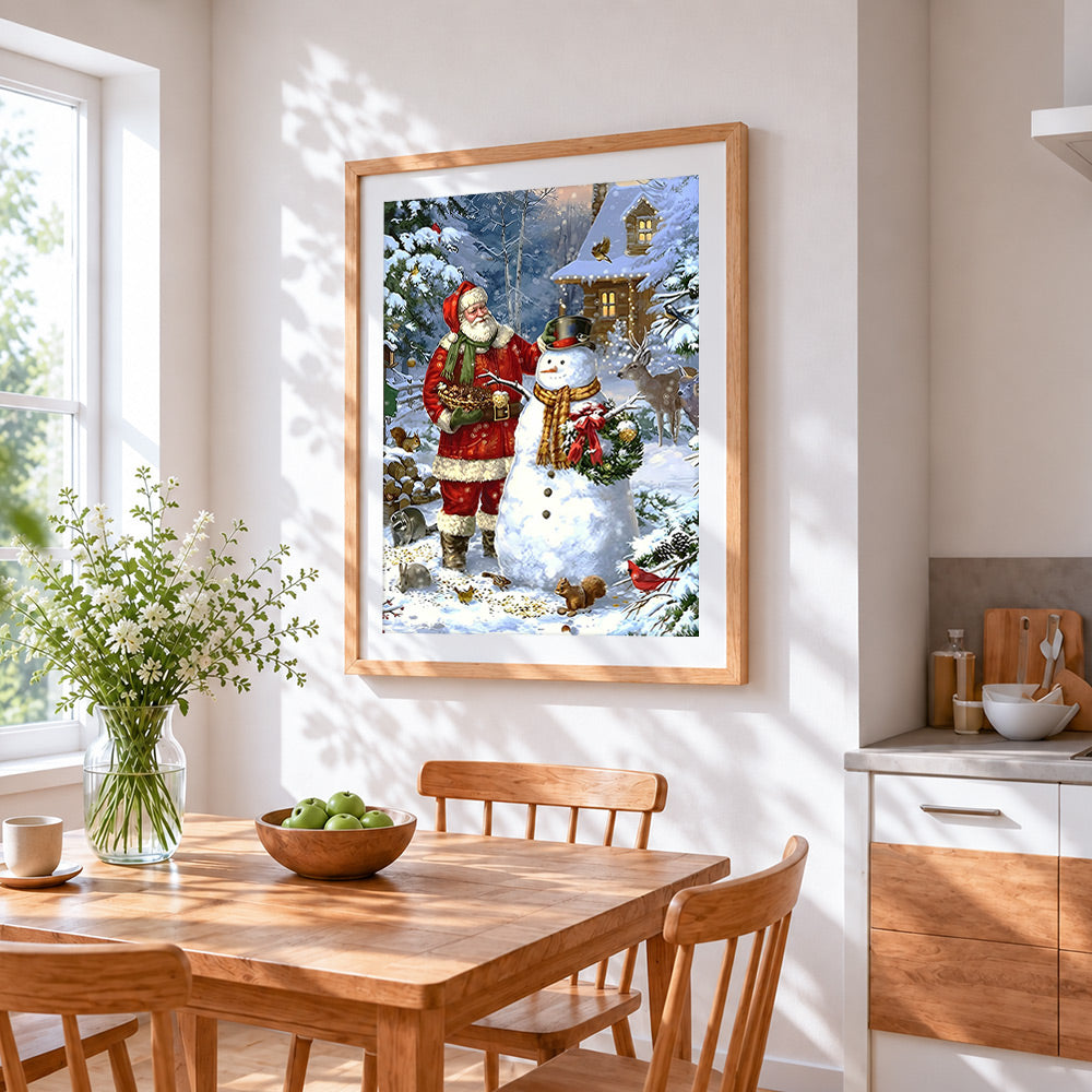 Father christmas and snowman cross stitch artwork displayed on wall as home decor