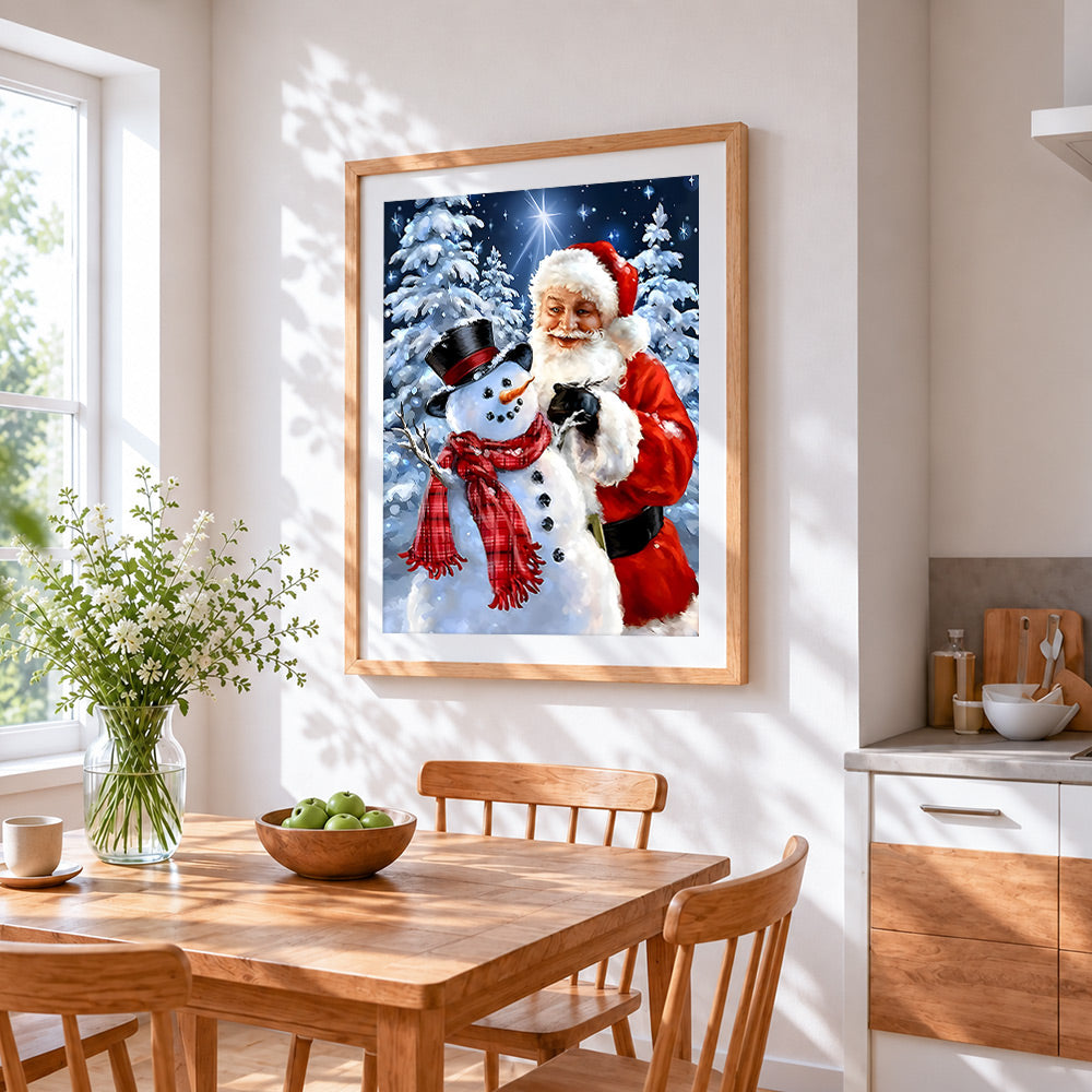 Father christmas and snowman in winter forest cross stitch artwork displayed on wall as home decor
