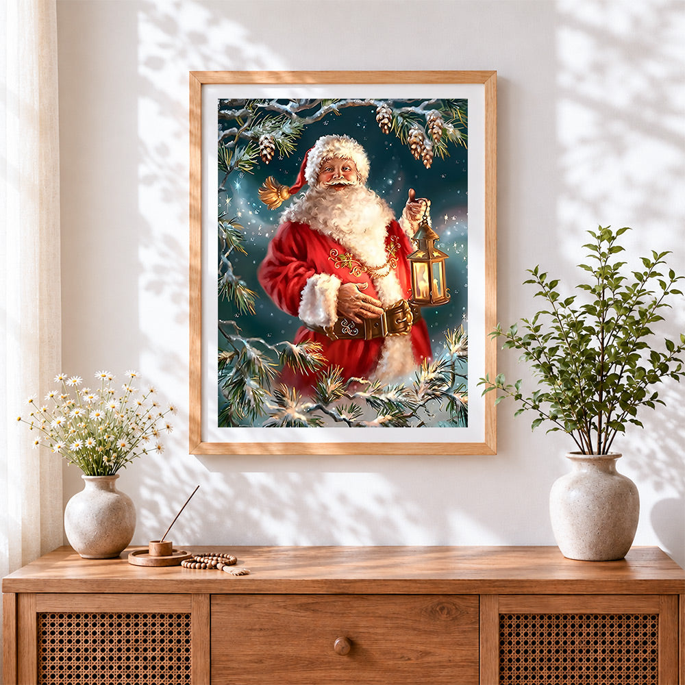 Finished father christmas and snowy pine branches cross stitch artwork displayed