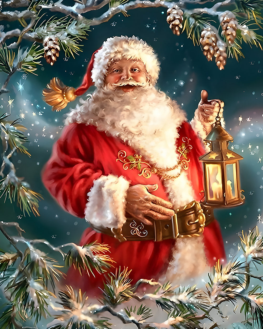 Father christmas and snowy pine branches cross stitch kit for beginners