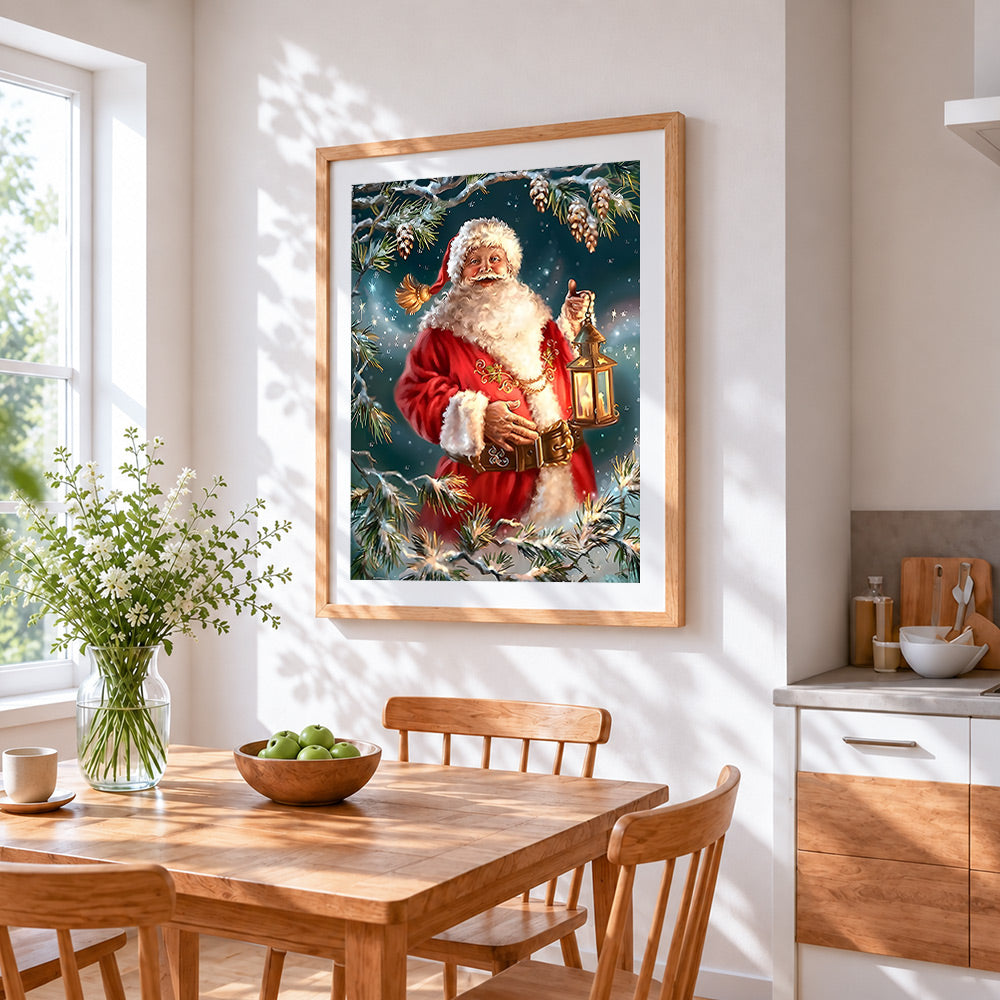 Father christmas and snowy pine branches cross stitch artwork displayed on wall as home decor