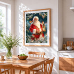 Father christmas and snowy pine branches cross stitch artwork displayed on wall as home decor