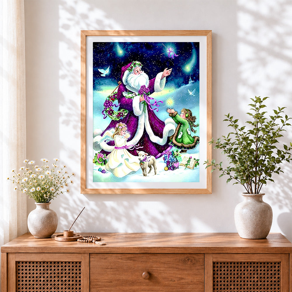 Finished father christmas, angels and gifts cross stitch artwork displayed