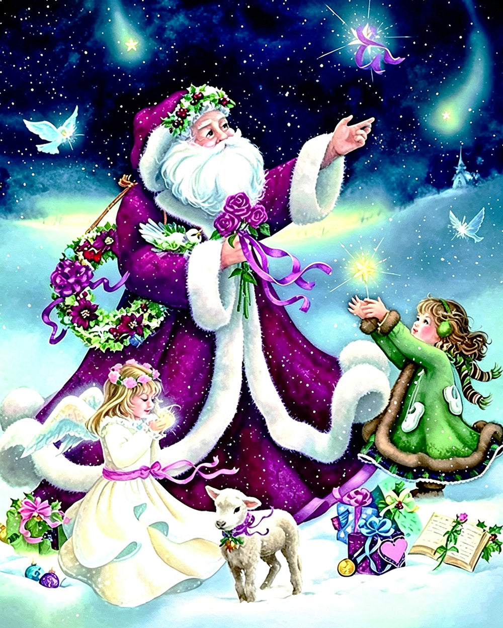 Father christmas, angels and gifts cross stitch kit for beginners