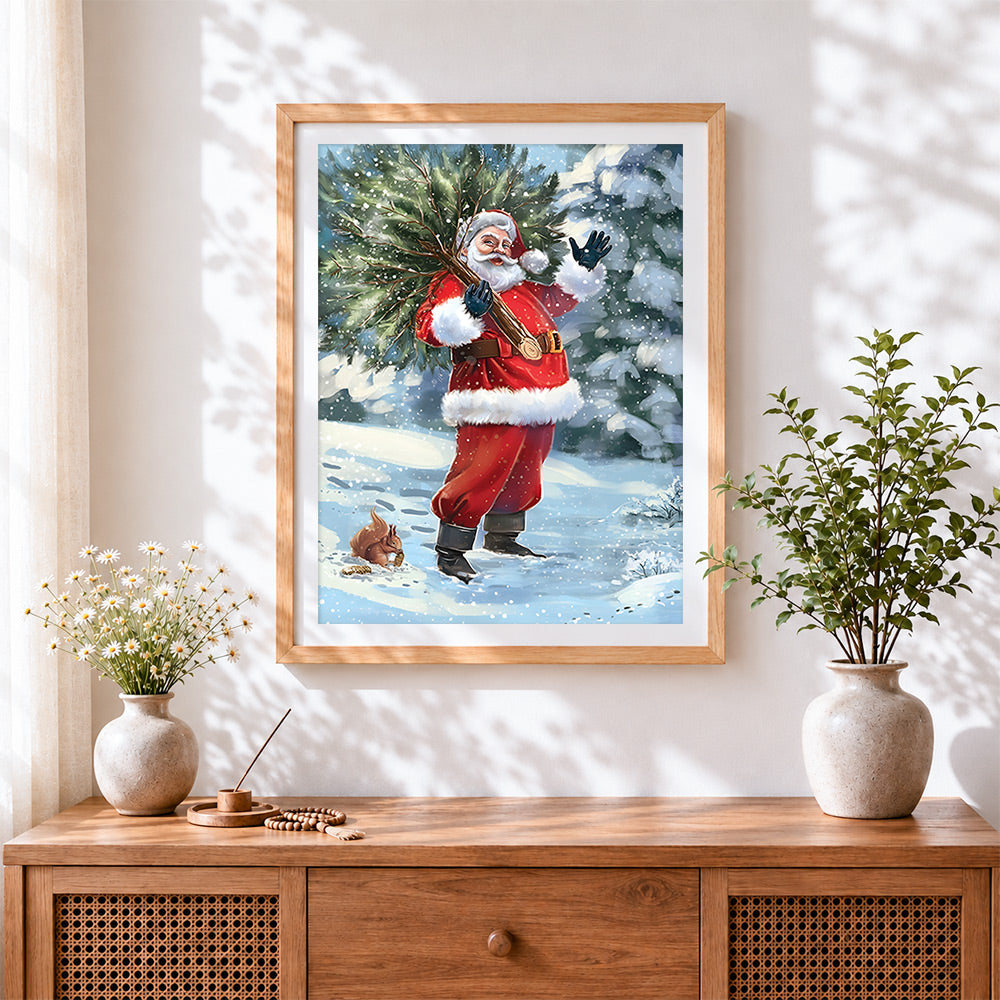 Finished father christmas carrying a christmas tree cross stitch artwork displayed
