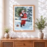 Finished father christmas carrying a christmas tree cross stitch artwork displayed